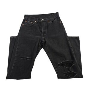 Levi's 501 Original Fit Black Denim Jeans Distressed Ripped Button Fly Size 28